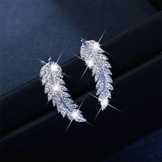 MD Exquisite Feather Ear Climbers Cuff Earrings Silver Gold Crystal Sparkling Leaves Cluster Wedding Earrings for Women