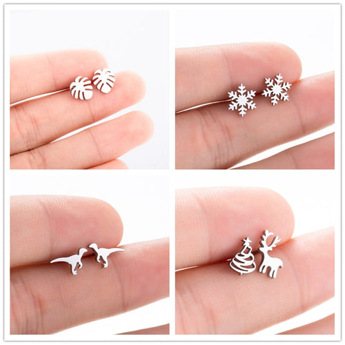 Oly2u Stainless Steel Boho Hollow Palm Leaf Stud Earrings Dainty Ancient Dinosaur Animal Earings for Women Brincos