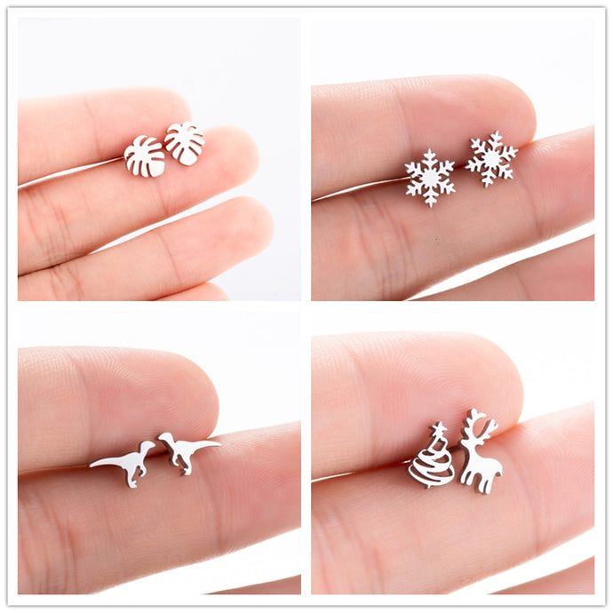 Oly2u Stainless Steel Boho Hollow Palm Leaf Stud Earrings Dainty Ancient Dinosaur Animal Earings for Women Brincos